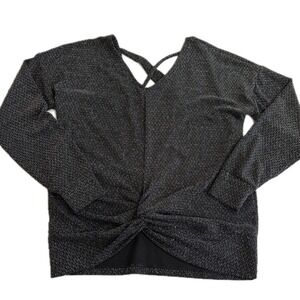 Willow‎ + Root Top Womens Small Black Silver Lurex Metallic V-Neck Twist Front